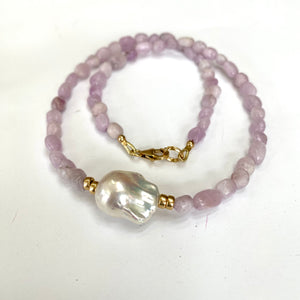Kunzite and Baroque Pearl Necklace, Gold Filled, 17.5"inches