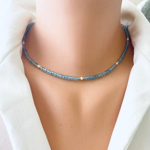 Blue Topaz & Freshwater Pearl Choker Necklace, Gold Fill, December Birthstone , 16.5"In