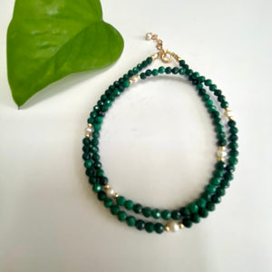 Green Malachite & Freshwater Pearls Choker Necklace, Gold Filled, 15+1"Inch