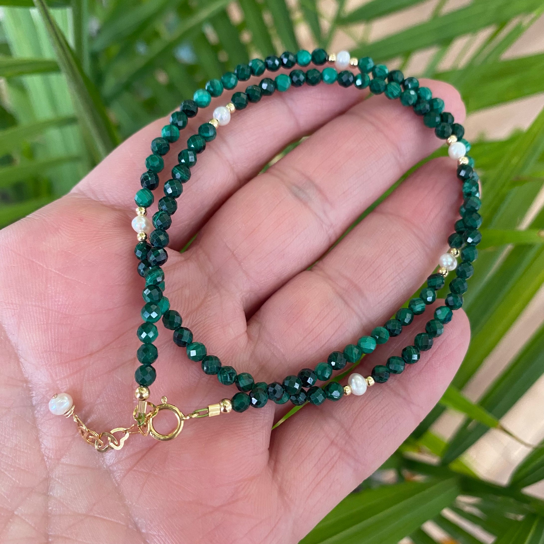 Green Malachite & Freshwater Pearls Choker Necklace, Gold Filled, 15+1