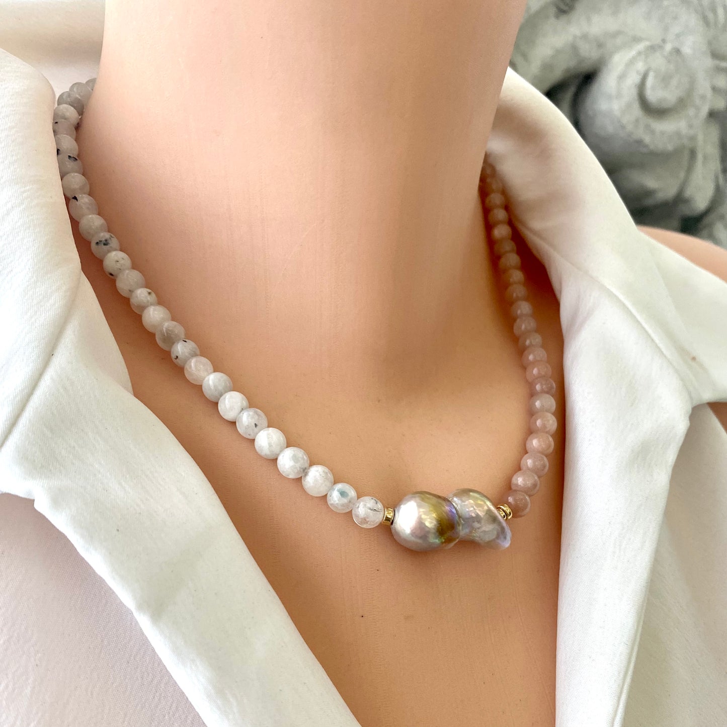 Sunstone, Moonstone & Lavender Baroque Pearl Necklace