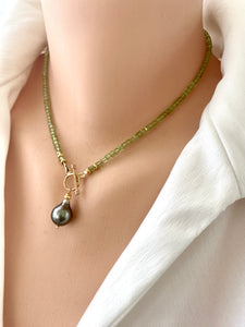 Peridot Toggle Necklace & Tahitian Baroque Pearl Pendant, Gold Vermeil, 16.5"inches, August Birthstone