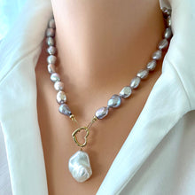 Load image into Gallery viewer, Grey Freshwater Pearl Necklace with White Baroque Pearl Pendant &amp; Heart Closure, Gold Filled Details, 18&quot;inches
