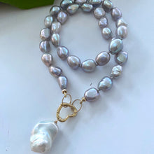 Load image into Gallery viewer, Grey Freshwater Pearl Necklace with White Baroque Pearl Pendant &amp; Heart Closure, Gold Filled Details, 18&quot;inches
