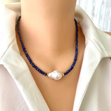 Cargar imagen en el visor de la galería, Lapis Lazuli Beaded Necklace with Large Fresh Water Baroque Pearl, December Birthstone, Gold Filled, 18&quot;inches
