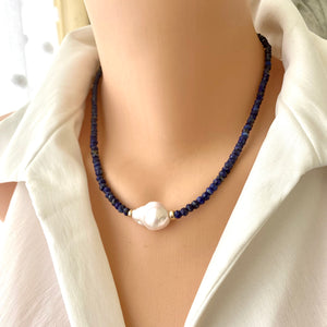 Lapis Lazuli Beaded Necklace with Large Fresh Water Baroque Pearl, December Birthstone, Gold Filled, 18"inches