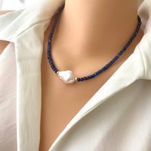 Cargar imagen en el visor de la galería, Lapis Lazuli Beaded Necklace with Large Fresh Water Baroque Pearl, December Birthstone, Gold Filled, 18&quot;inches
