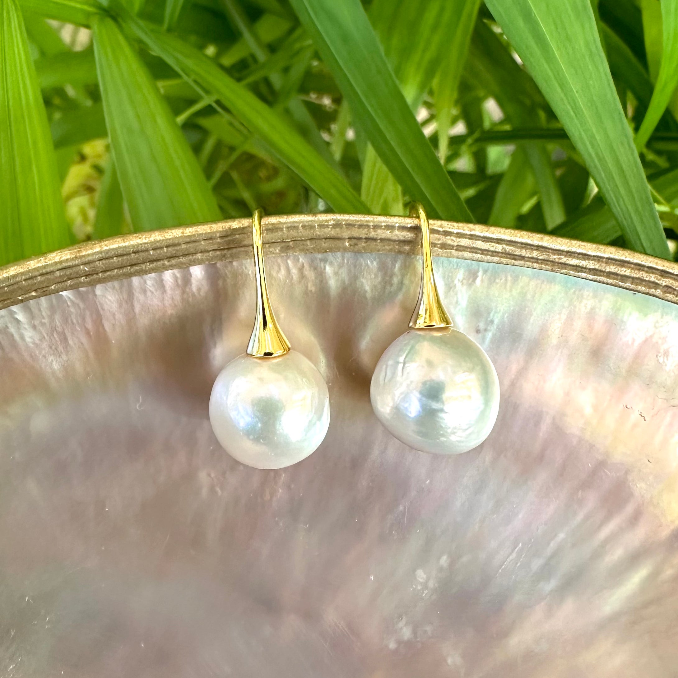 Large White Edison Pearl Drop Earrings, Gold