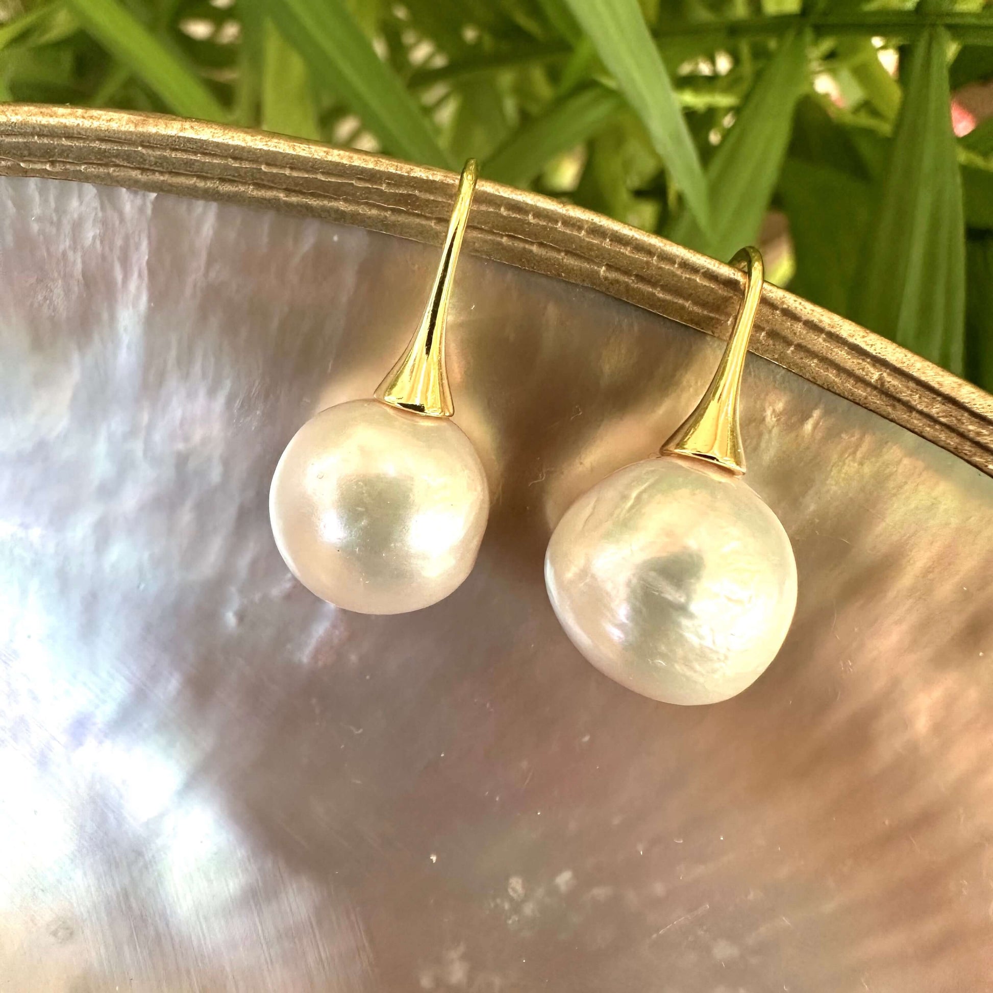 White pearl drop earrings with gold vermeil hooks displayed on pearl shell and green leaves, highlighting lustrous Edison pearls.