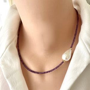 Delicate Purple Amethyst & Baroque Pearl Necklace, February Birthstone, Gold Filled, 18"inches