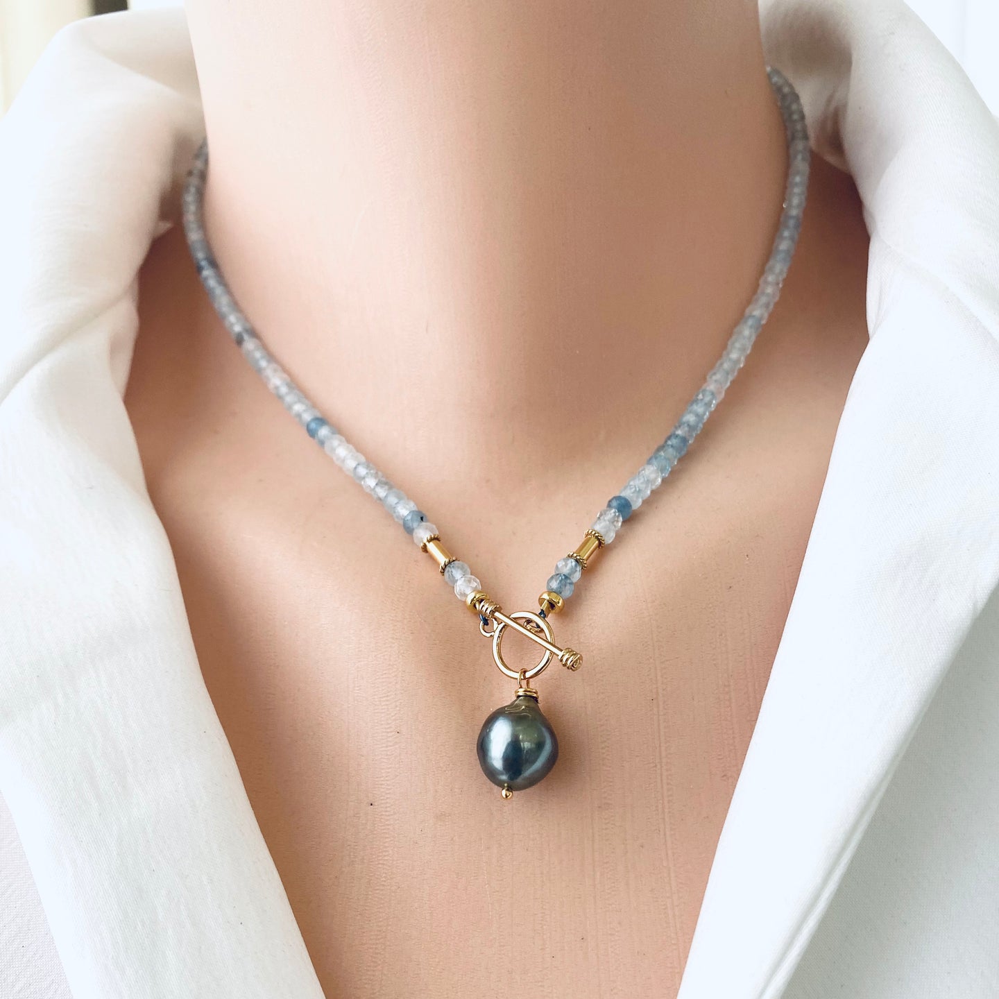 Aquamarine Toggle Necklace & Tahitian Baroque Pearl Pendant, Gold Vermeil, 16.5