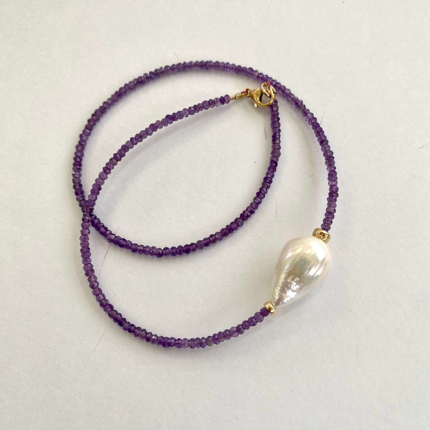 Purple amethyst baroque pearl necklace with gold-filled clasp and freshwater baroque pearl