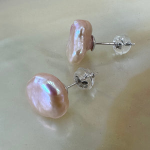 Pink Keshi Pearl Stud Earrings, Dainty Pearl Ear Studs, Sterling Silver