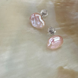 Pink Keshi Pearl Stud Earrings, Dainty Pearl Ear Studs, Sterling Silver