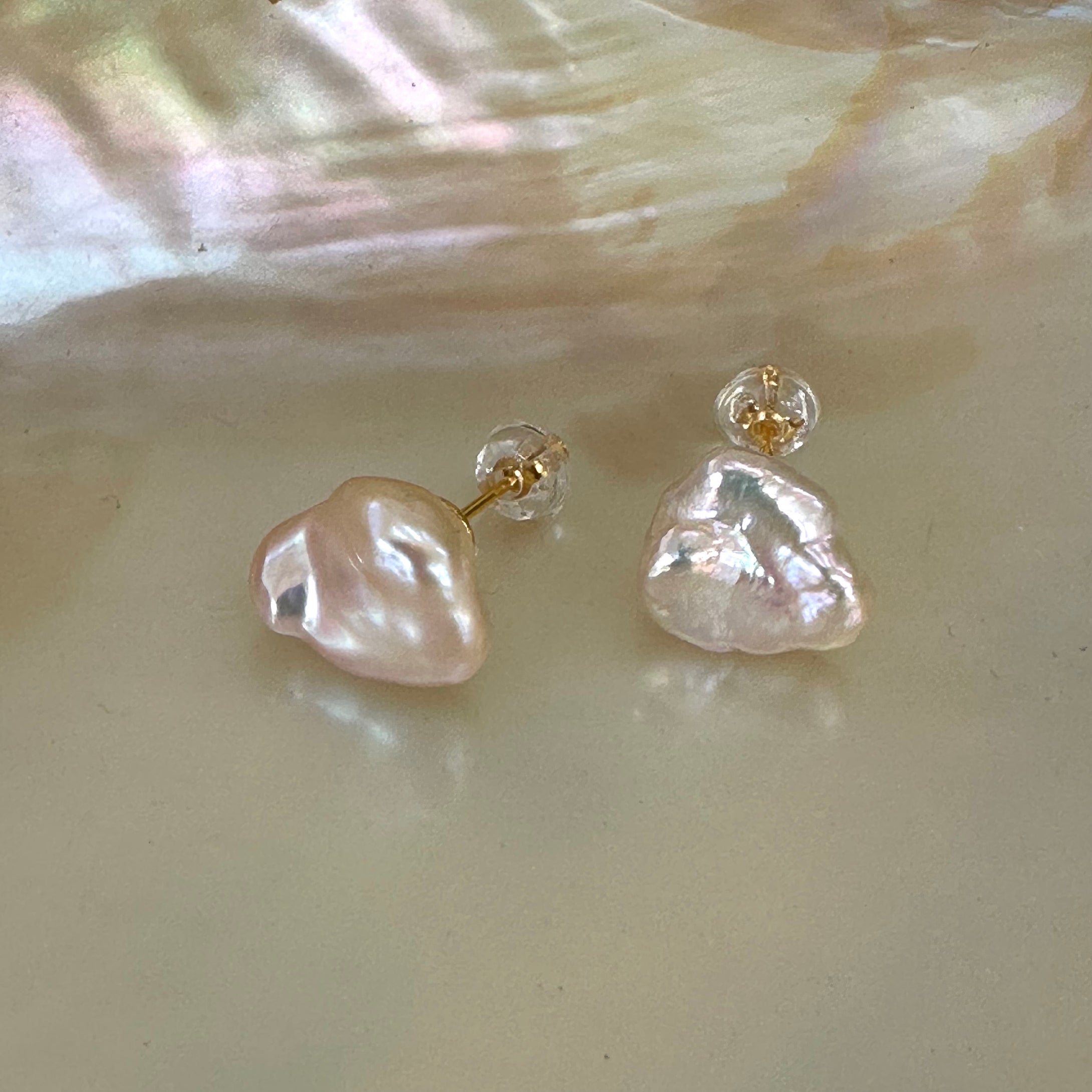 Champagne Keshi Pearl Stud Earrings, Gold