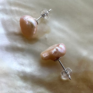 Pink Keshi Pearl Stud Earrings, Dainty Pearl Ear Studs, Sterling Silver