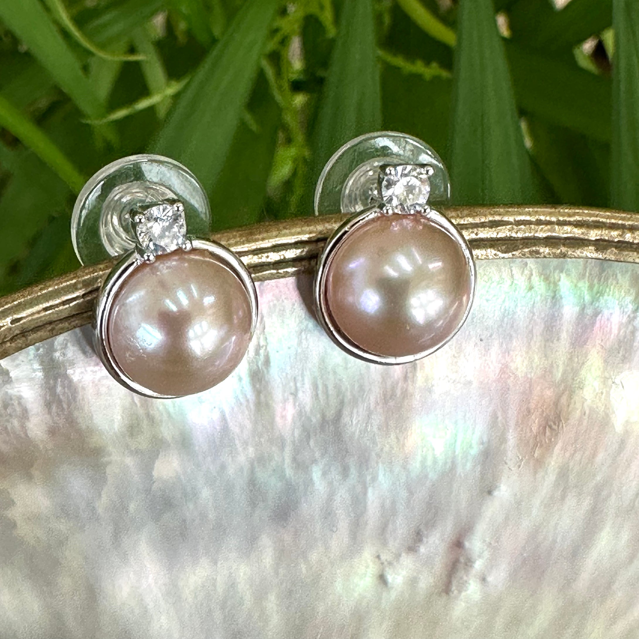 Pink Mabe Edison Pearl Stud Earrings with Cz, Silver