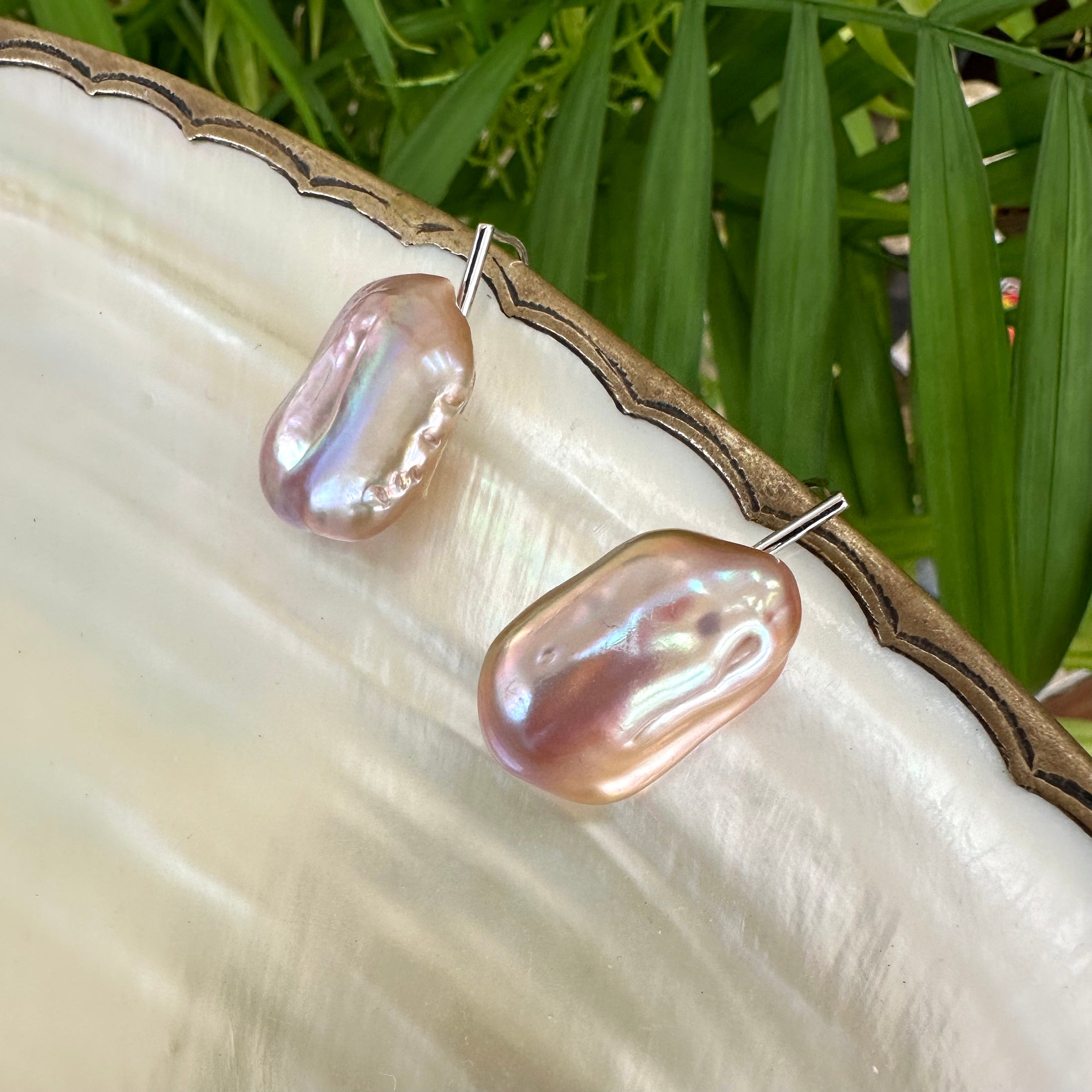 Pinkish Purple Rectangle Oversized Pearl Drop Earrings, Silver