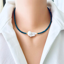 Load image into Gallery viewer, Dainty Blue Apatite &amp; White Baroque Pearl Beaded Necklace, Gold Vermeil, 17&quot;inches
