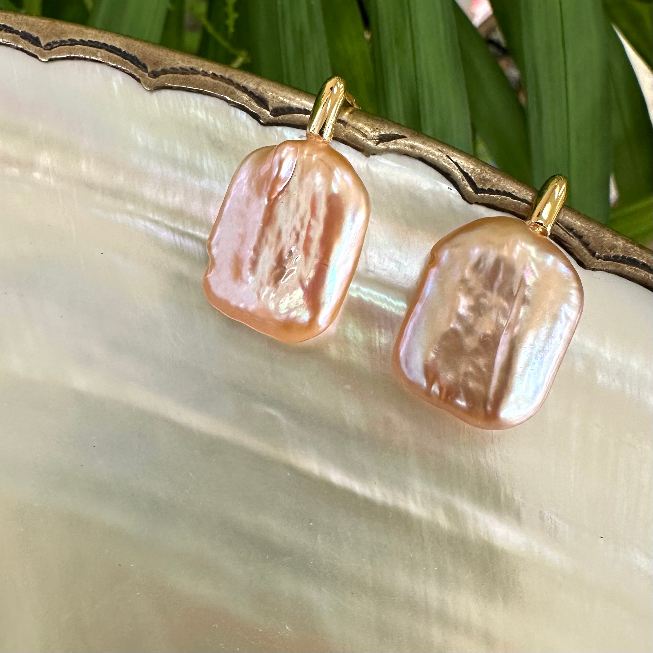 Oversize Golden Peach Rectangular shaped Pearl Drop Earrings