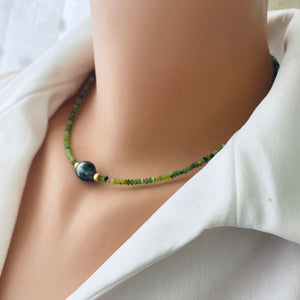 Green Chrysoprase Beaded Necklace & Tahitian Baroque Pearl, Gold Vermeil Plated Silver, 16.5"inch