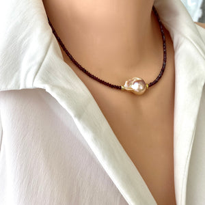 Red Garnet & Golden Pink Baroque Pearl Necklace, Gold Vermeil, January Birthstone, 17"inches