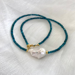 Dainty Blue Apatite & White Baroque Pearl Beaded Necklace, Gold Vermeil, 17"inches