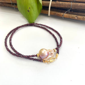 Red Garnet & Golden Pink Baroque Pearl Necklace, Gold Vermeil, January Birthstone, 17"inches