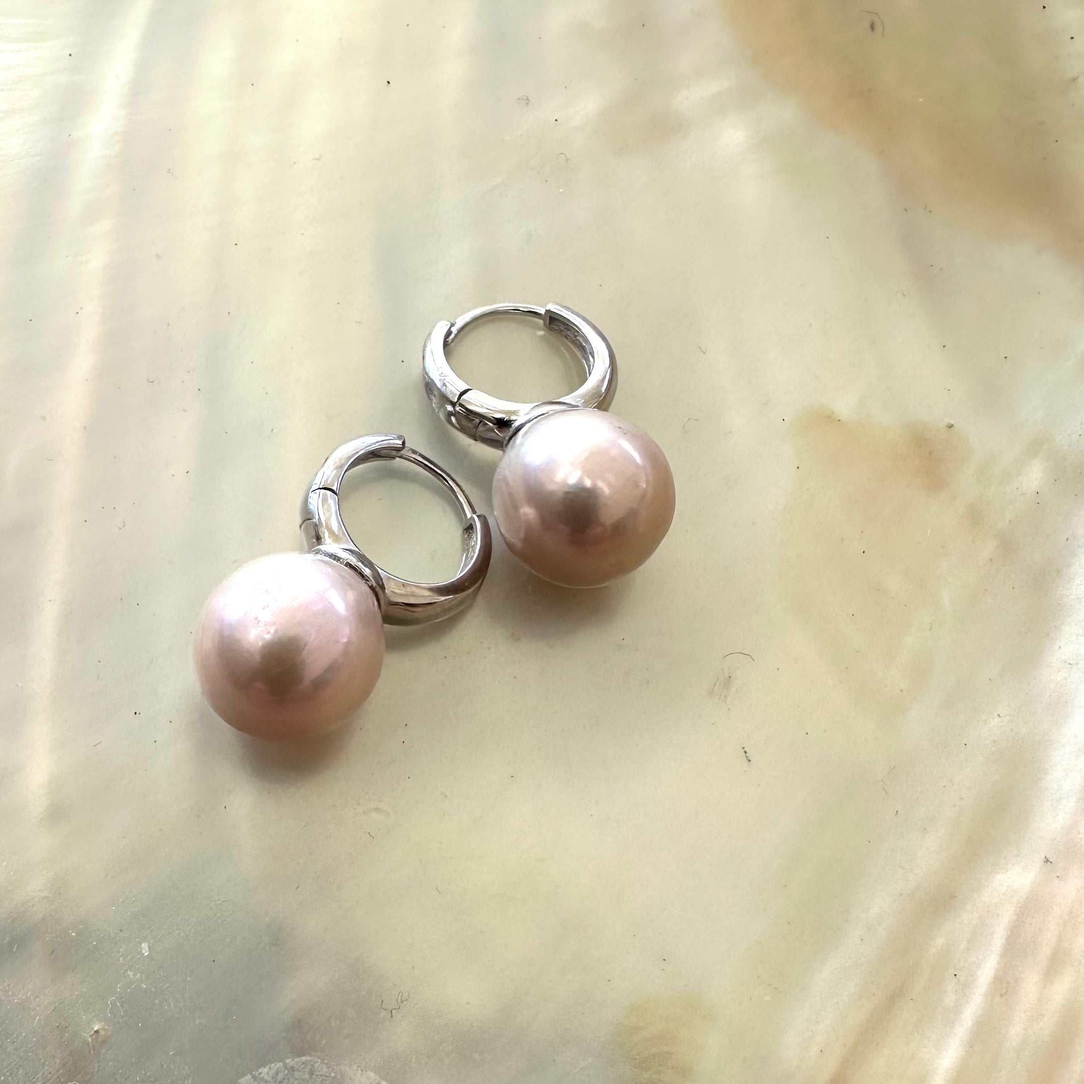 Light Pink Near Round Edison Pearl Hoop Earrings in Silver