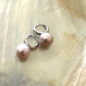 Light Pink Near Round Edison Pearl Hoop Earrings in Silver, 13mm