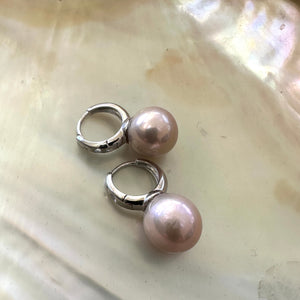 Light Pink Near Round Edison Pearl Hoop Earrings in Silver, 13mm