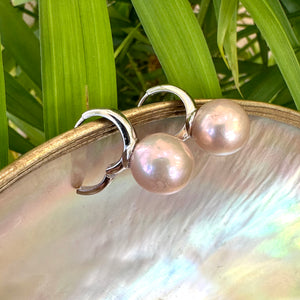 Light Pink Near Round Edison Pearl Hoop Earrings in Silver, 13mm