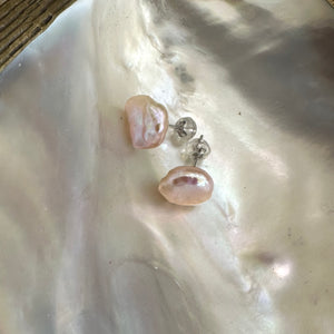 Pink Keshi Pearl Stud Earrings, Dainty Pearl Ear Studs, Sterling Silver