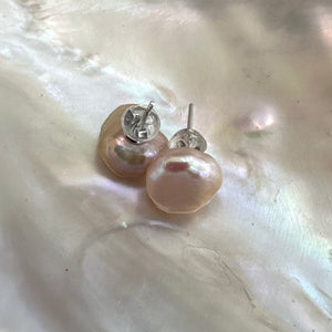 Pink Keshi Pearl Stud Earrings, Dainty Pearl Ear Studs, Sterling Silver