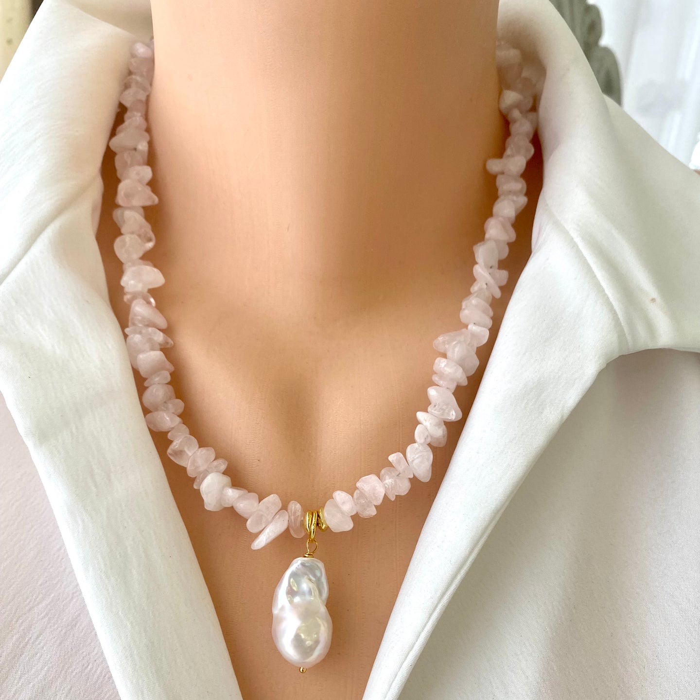 Rose Quartz Necklace & White Baroque Pearl Pendant, Soft Pink Necklace, January Birthstone, 19.5