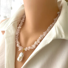 Load image into Gallery viewer, Rose Quartz Necklace &amp; White Baroque Pearl Pendant, Soft Pink Necklace, January Birthstone, 19.5&quot;inches
