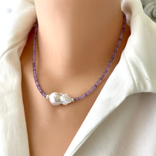 Carica l&#39;immagine nel visualizzatore di Gallery, Dainty Light Lavender Amethyst &amp; Baroque Pearl Necklace, February Birthstone, Silver, 17.5&quot;in
