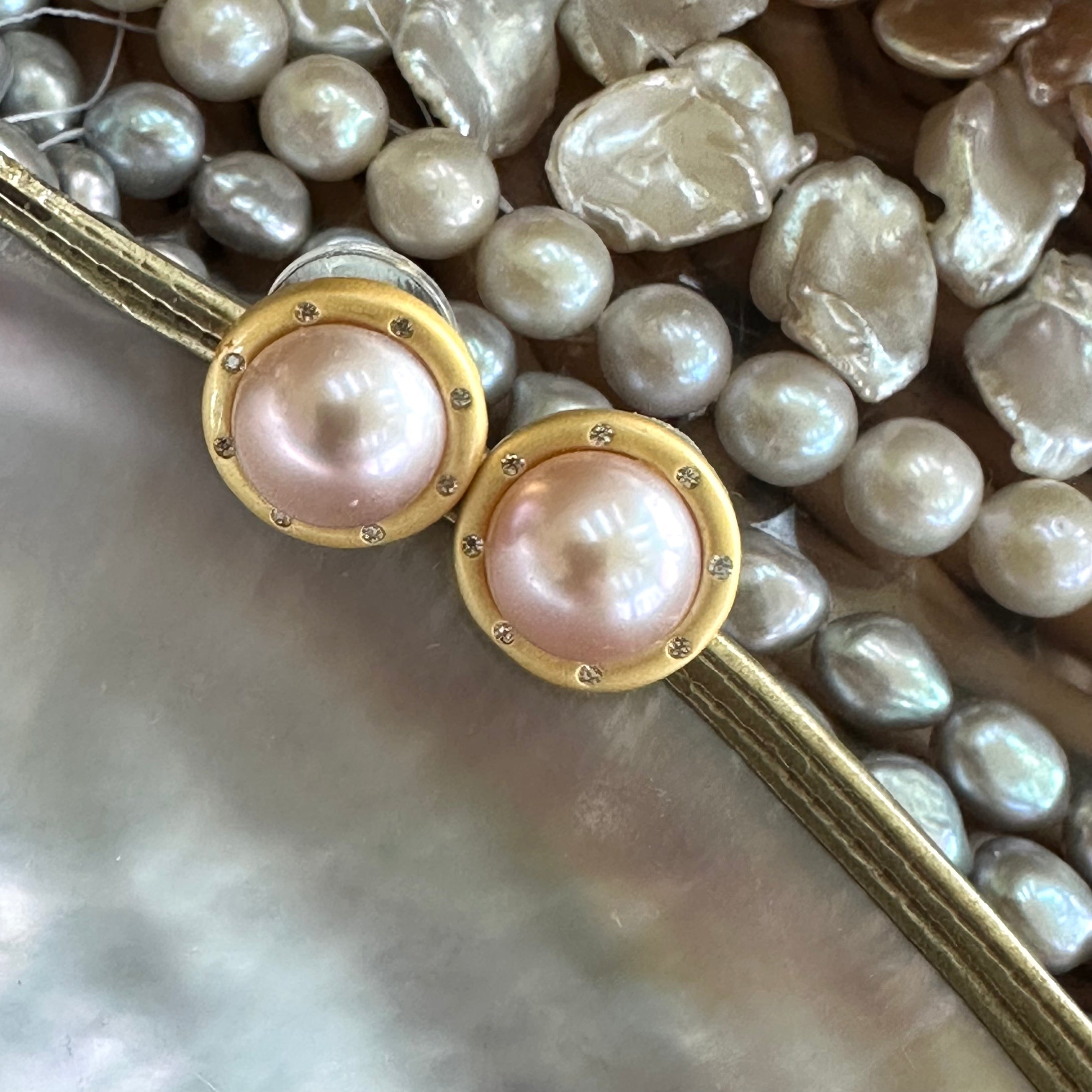 Pink Edison Mabe Pearl Stud Earrings with Cz, Gold