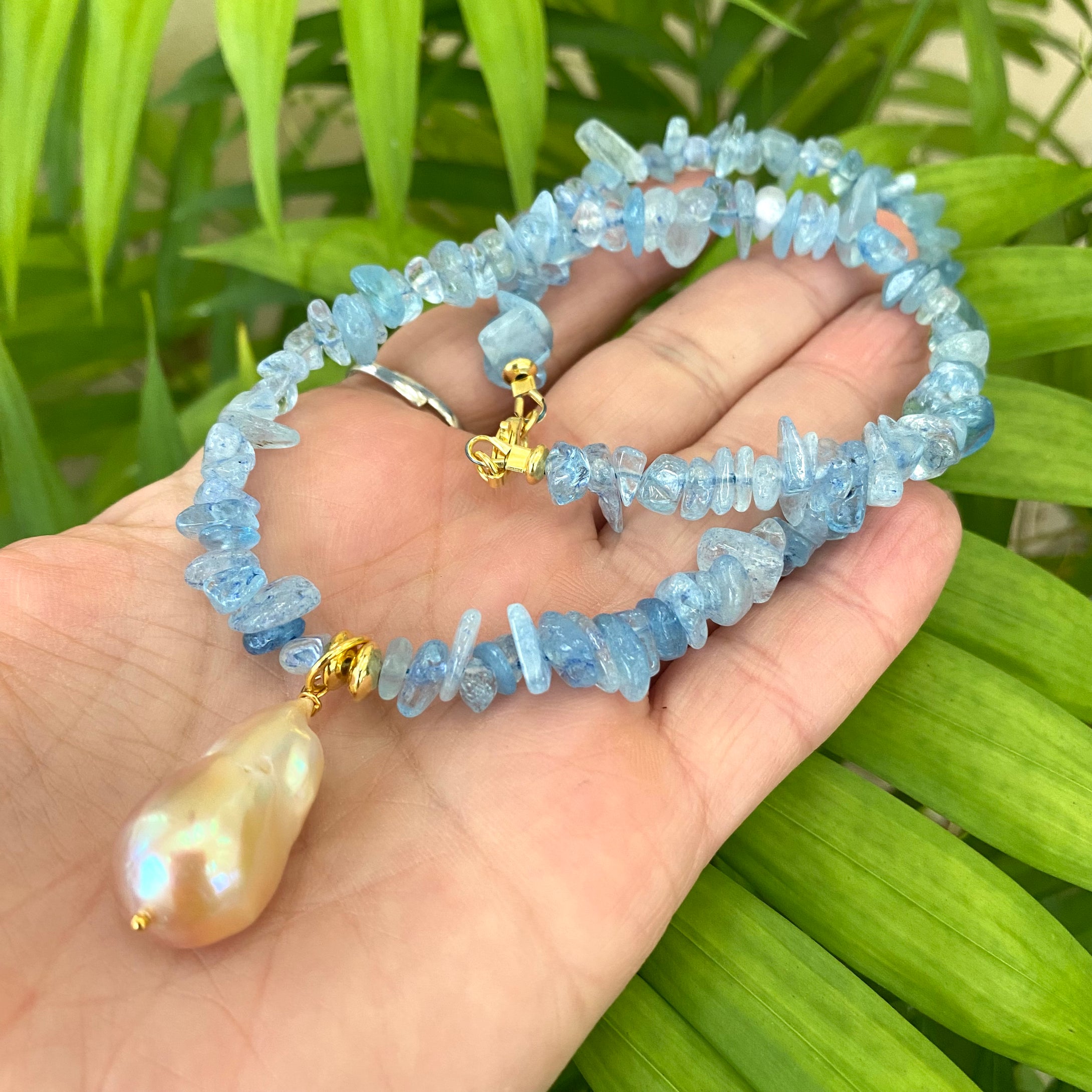 Aquamarine Necklace With Golden Pink Baroque Pearl Pendant