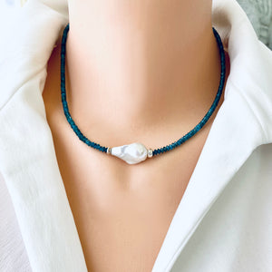 Delicate Dark Blue Apatite & White Baroque Pearl Beaded Necklace, Sterling Silver, 17.25"inches,