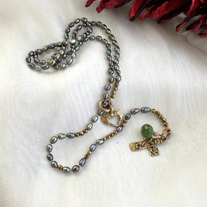 Y Long Pearl Necklace, Hope & Love Cross Necklace, Prasiolite Charm, Religious Jewelry