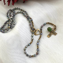 Charger l&#39;image dans la galerie, Y Long Pearl Necklace, Hope &amp; Love Cross Necklace, Prasiolite Charm, Religious Jewelry
