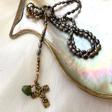 Charger l&#39;image dans la galerie, Y Long Pearl Necklace, Hope &amp; Love Cross Necklace, Prasiolite Charm, Religious Jewelry
