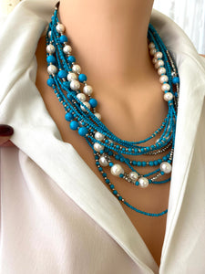 11 Strands Turquoise Necklace with Fresh Water pearls and Silver Coated Pyrite Beads