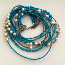 Cargar imagen en el visor de la galería, 11 Strands Turquoise Necklace with Fresh Water pearls and Silver Coated Pyrite Beads
