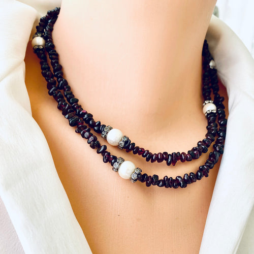 Long Garnet Necklace with Freshwater Pearls, January Birthstone Necklace, 35.5