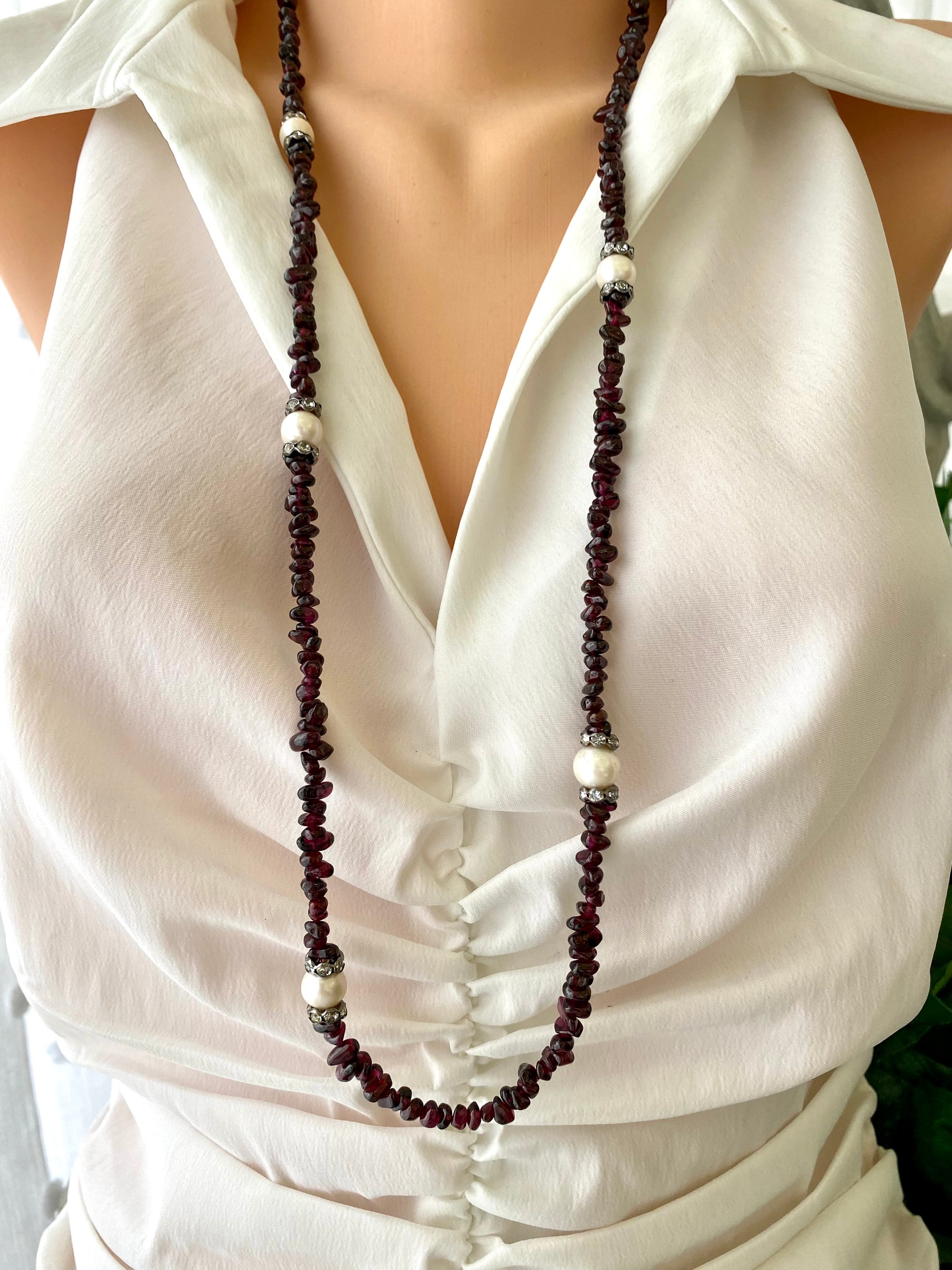 Long Garnet Necklace with Freshwater Pearls, January Birthstone Necklace, 35.5