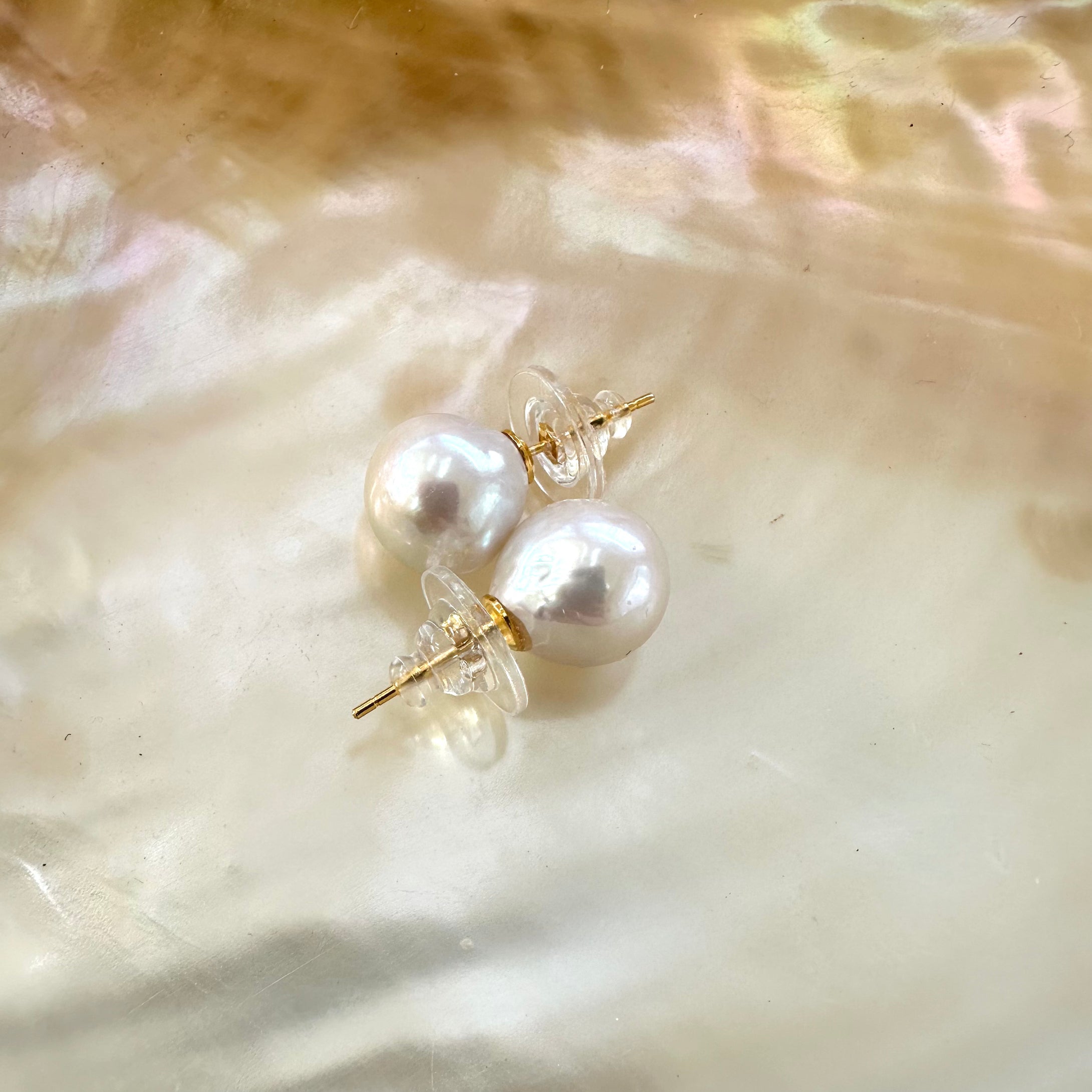 White Edison Pearl Stud Earrings in Gold