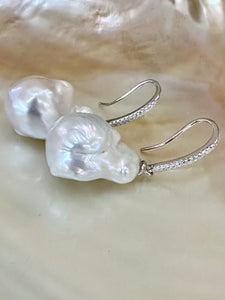 Large White Baroque Pearl Dangle Earrings, Cz Pave Sterling Silver Fish Hooks, 20-40mm, Bridal Jewelry