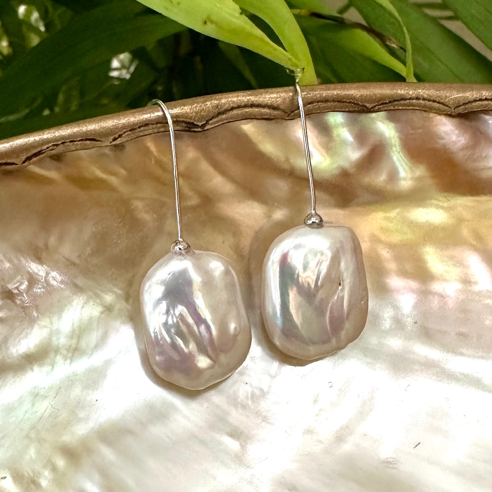 Rectangular White Freshwater Pearl Drop Earrings, Gold